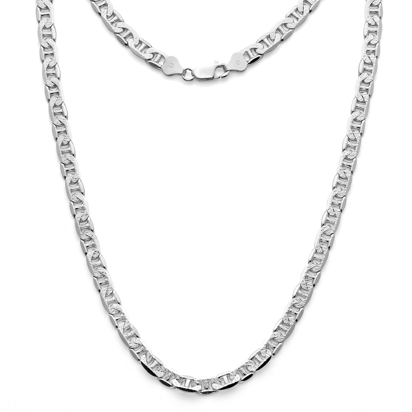 925 Sterling Silver Flat Mariner Link Chain Diamond Cut Necklace 6.4mm
