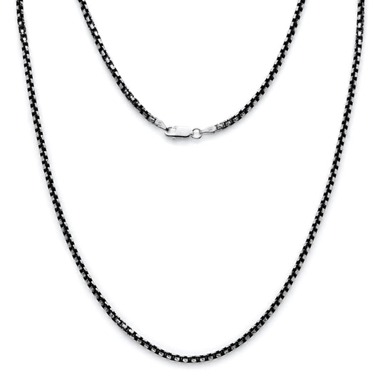 925 Sterling Silver Round Box Chain Necklace Black 2-Tone Diamond Cut 2.5mm