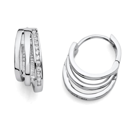 925 Sterling Silver 3-Row CZ Graduated Cut-Out Huggie Hoop Earrings