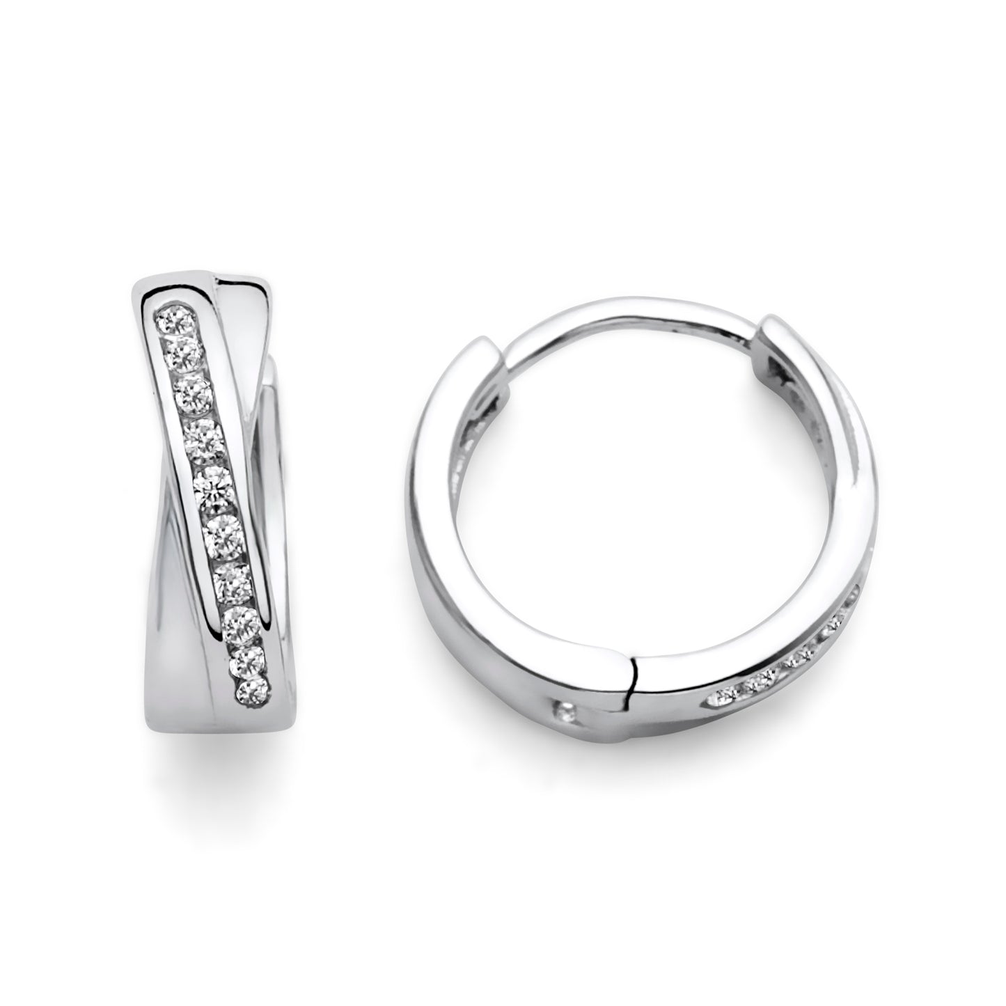 925 Sterling Silver CZ Crossover Huggie Hoop Earrings 4mm