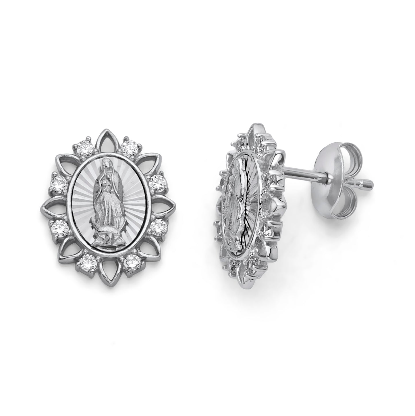 925 Sterling Silver Micropave CZ Flower Petals Virgin of Guadalupe Stud Earrings