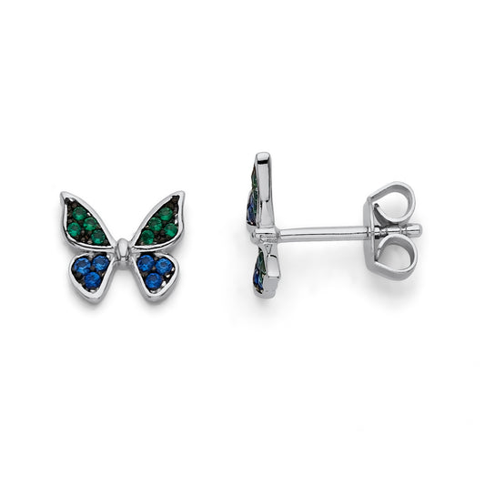 925 Sterling Silver Butterfly Earrings Green & Blue CZ