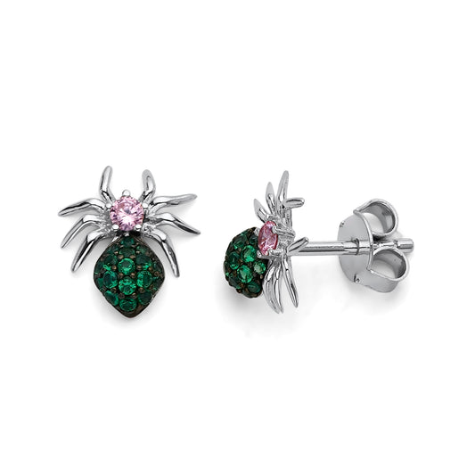 925 Sterling Silver Dainty Spider Earrings Green & Pink CZ