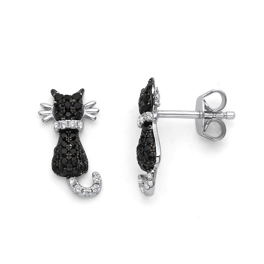 925 Sterling Silver Dainty Cat Earrings Black CZ