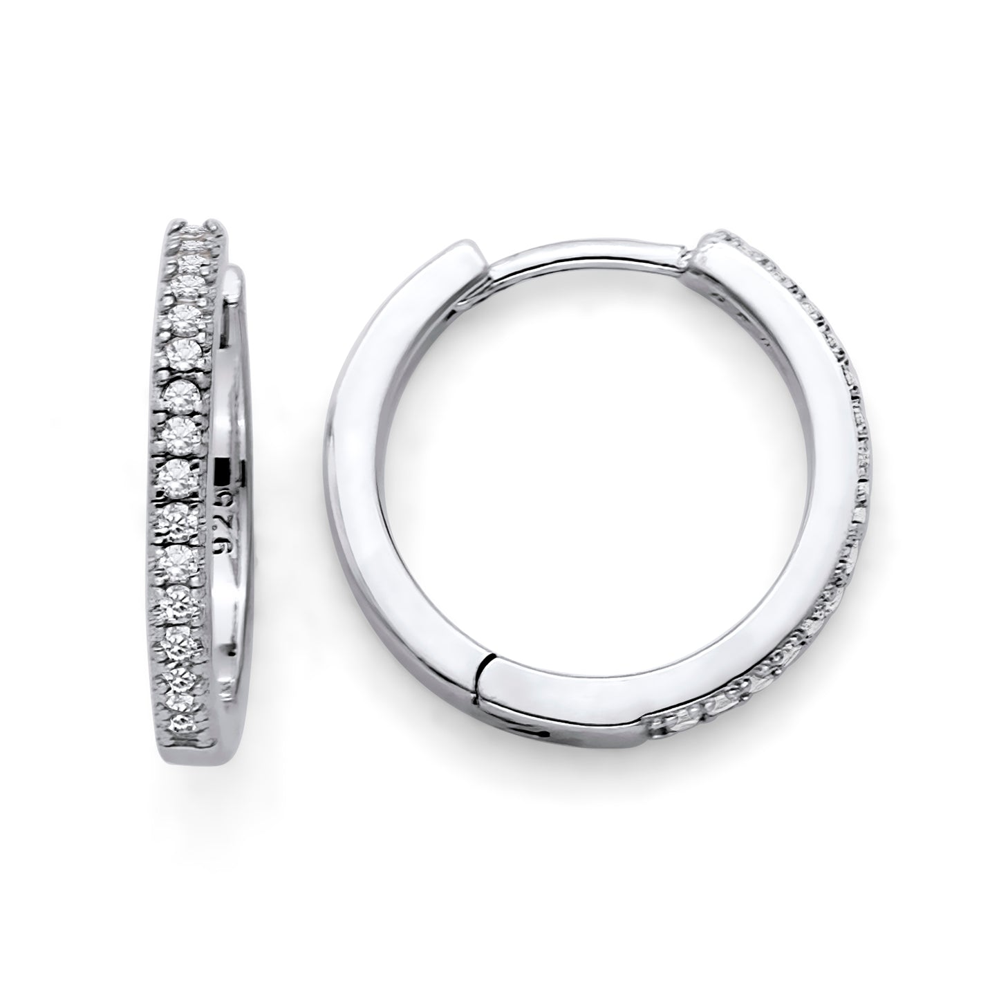 925 Sterling Silver Rhodium Plated Pave CZ Huggie Hoop Earrings 18mm