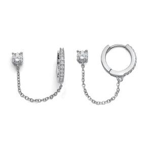 925 Sterling Silver Rhodium Plated CZ Double Piercing Stud Chain Hoop Earrings