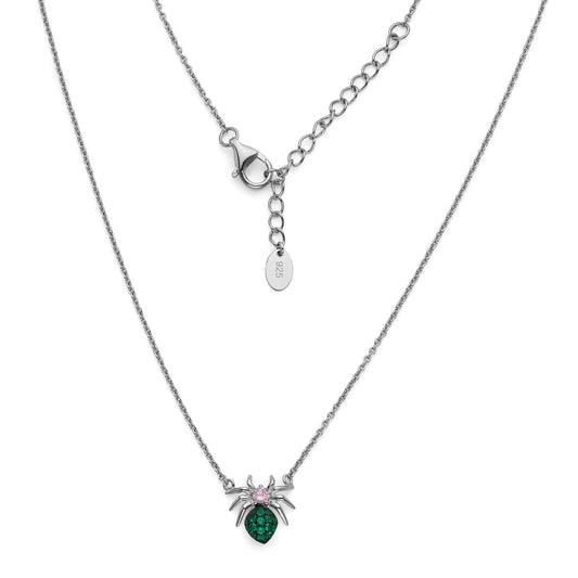 925 Sterling Silver Dainty Spider Necklace Green & Pink CZ