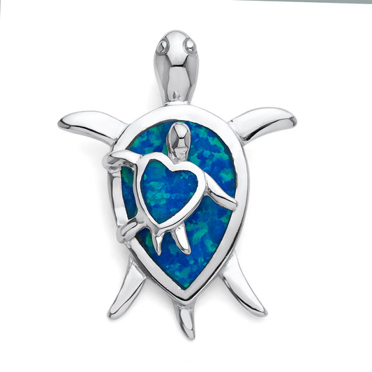 925 Sterling Silver Synthetic Opal Mother & Baby Sea Turtle Pendant