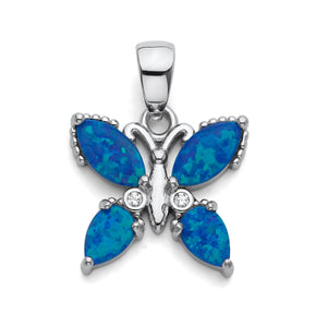 925 Sterling Silver Synthetic Opal Butterfly Pendant CZ Accent