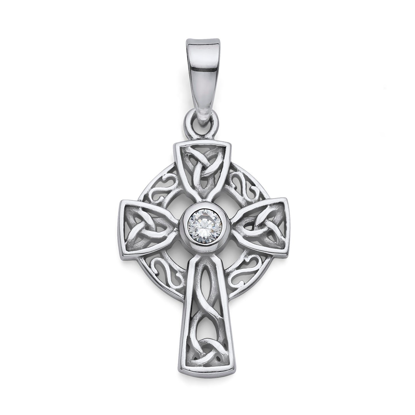 Sterling Silver Trinity Celtic Cross Necklace Clear CZ