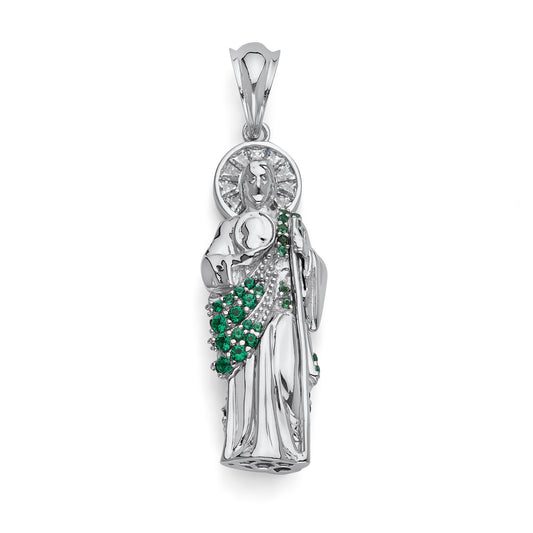 925 Sterling Silver Green & White Cubic Zirconia St Jude Pendant 1.5 inch