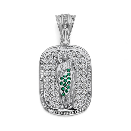 925 Sterling Silver Green & White CZ St Jude Pendant 3/4 inch