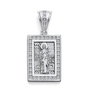 925 Sterling Silver Princess CZ St Jude Pendant Diamond Cut 1 inch