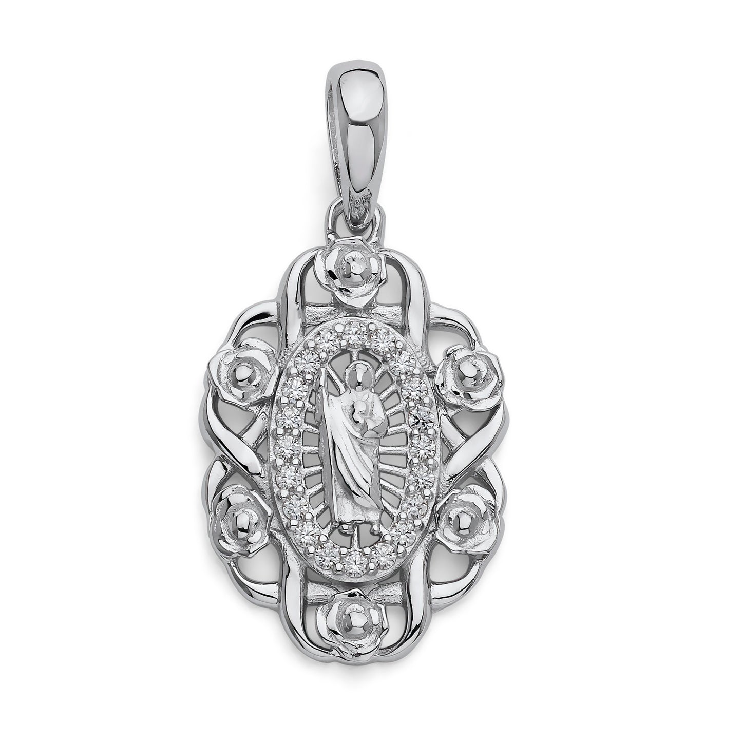 925 Sterling Silver Micropave CZ Flower Petals Virgin of Guadalupe