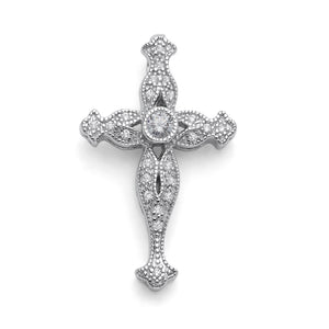 925 Sterling Silver Floral Fleury Cross Pendant Cubic Zirconia