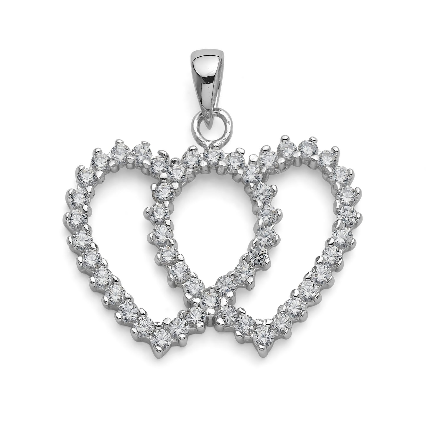 925 Sterling Silver Double Heart Cut Out Pendant with CZ Stones