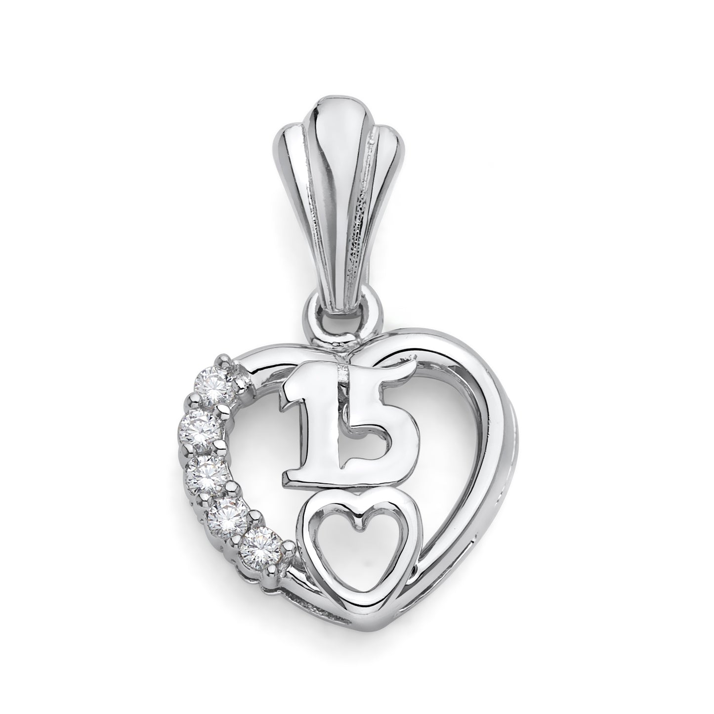 925 Sterling Silver Quinceañera 15 Años Heart Pendant CZ Stones