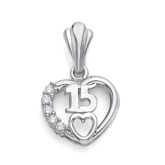 925 Sterling Silver Quinceañera 15 Años Heart Pendant CZ Stones