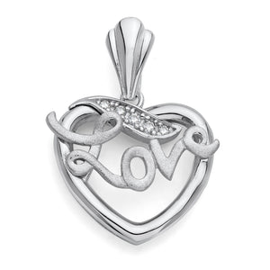 Sterling Silver LOVE Ribbon Pendant CZ Stones Rhodium Finished, 25/32 in