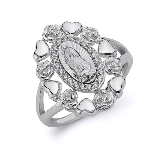 925 Sterling Silver CZ Roses & Hearts Bezel Our Lady of Guadalupe Ring