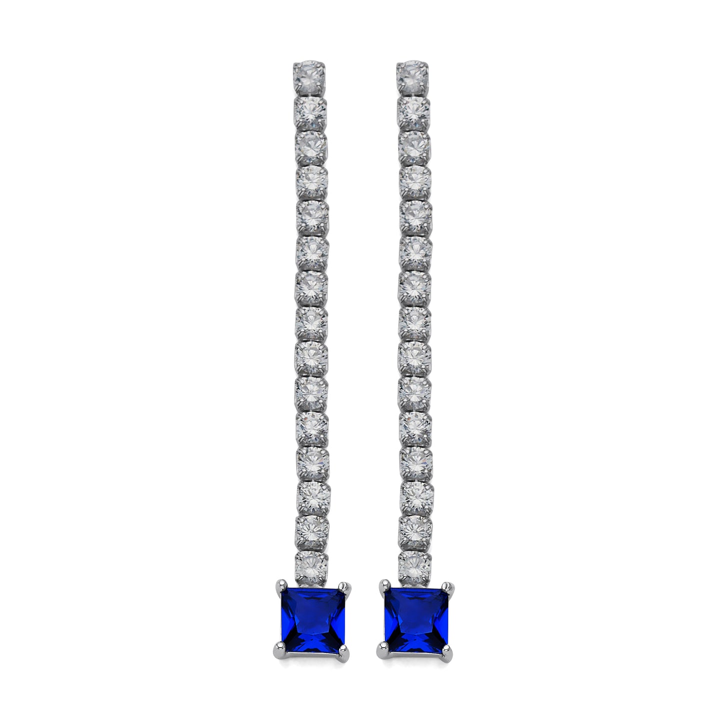 925 Sterling Silver Blue Square CZ Dangle Earrings 2 inch