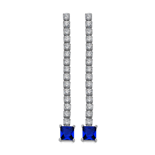 925 Sterling Silver Blue Square CZ Dangle Earrings 2 inch