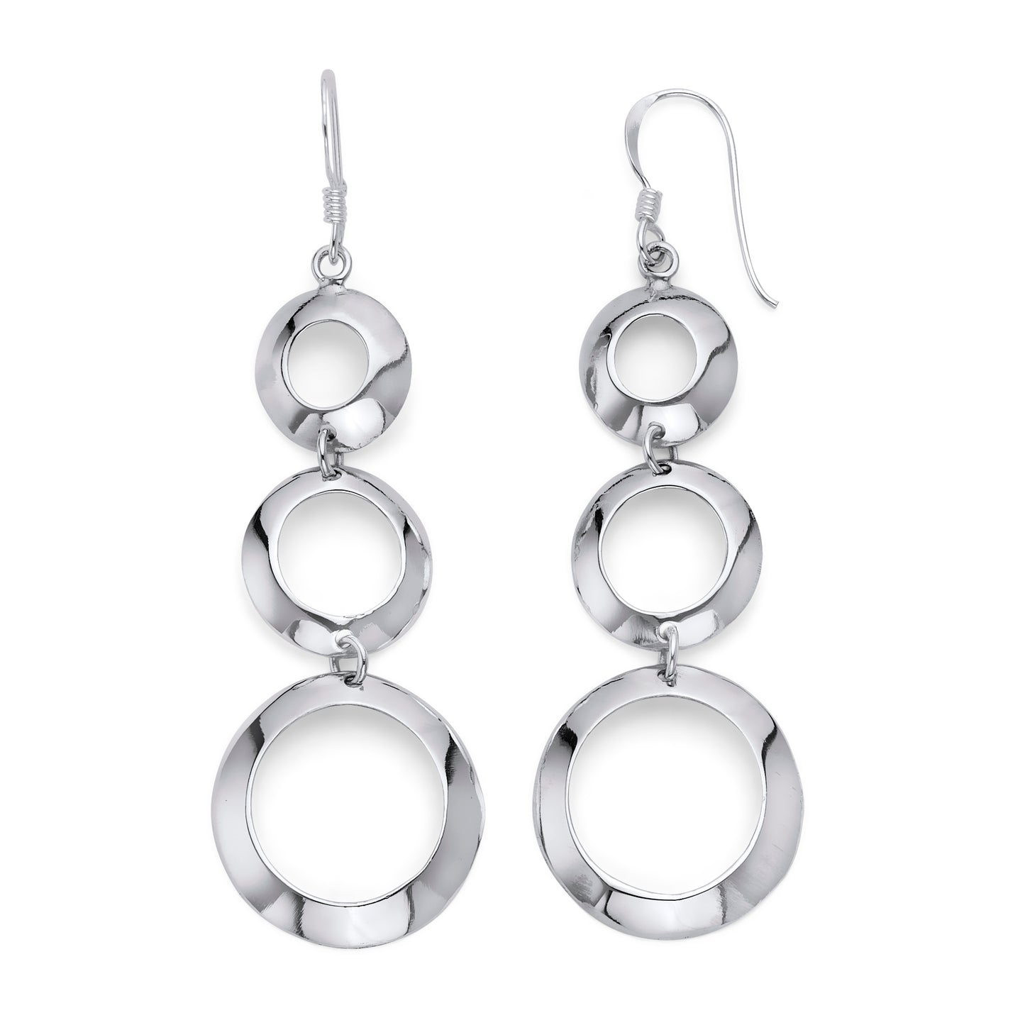 925 Sterling Silver Graduated Circle Cut-Out Dangle Earrings 53mm