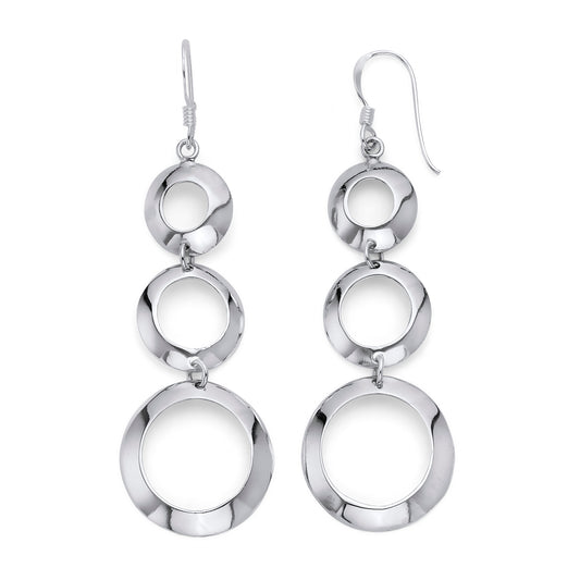 925 Sterling Silver Graduated Circle Cut-Out Dangle Earrings 53mm