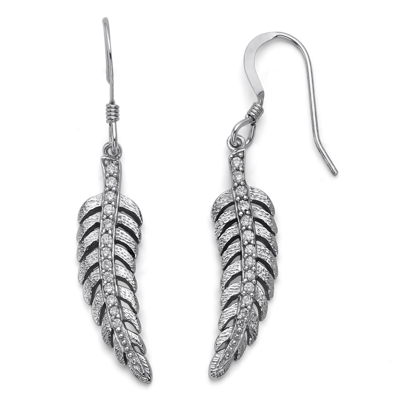 925 Sterling Silver Cubic Zirconia Feather Fish Hook Earrings