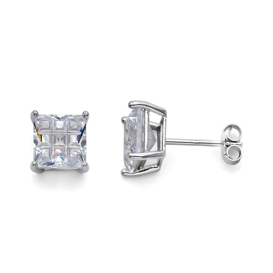 925 Sterling Silver Cubic Zirconia Invisible Cut Square Stud Earrings 7mm